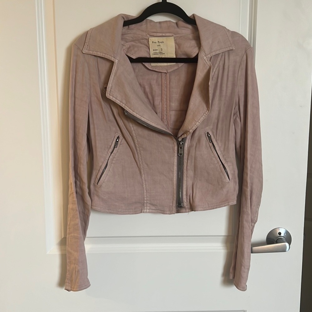 Free People Light Pink Linen Biker Jacket